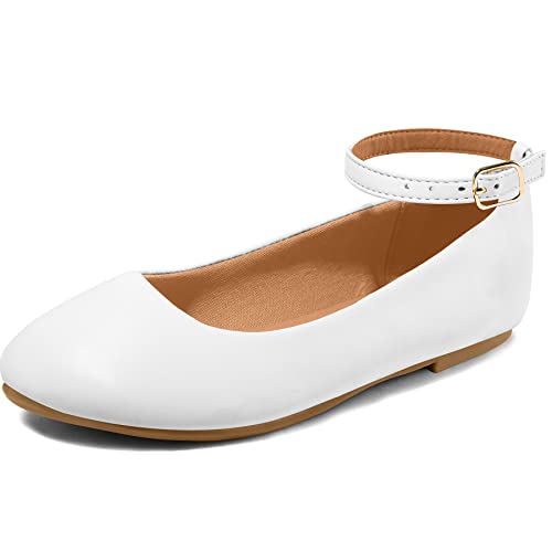 K KomForme Girl's Ballerina Flat Ankle Strap Dress Ballet Flat Shoes (Toddler/Little Kid/Big Kid) for Wedding Party School White-pu - Image 1