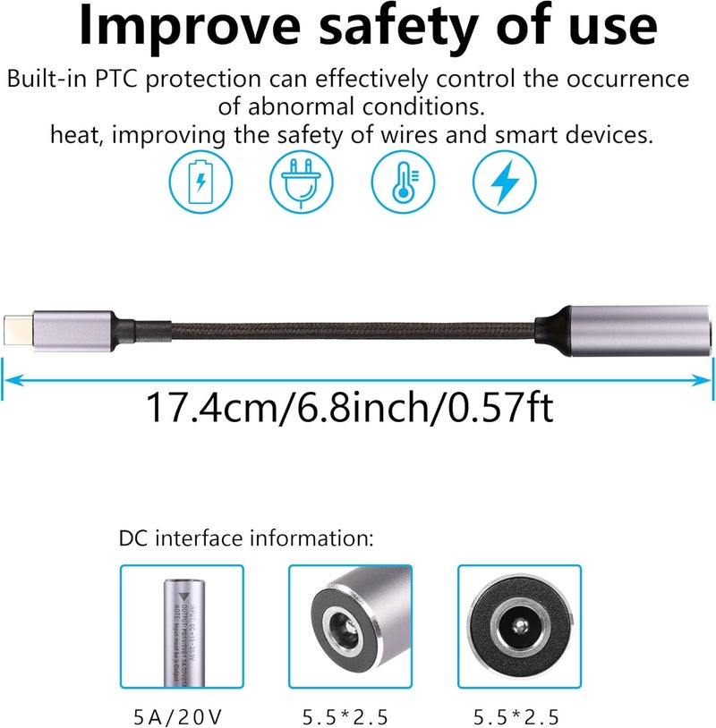 SinLoon PD 100W Laptop Charger Adapter Cable DC 55mm x 25mm Female Input to USB Type C Male Power Charging Cable DC5525 to USB C Cable with PD Automatic Identification Chipfor PhoneTabletLaptop - Image 3