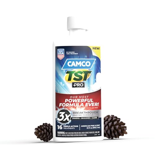 Camco علاج مرحاض كامكو TST PRO RV - صيغة بيولوجية إنزيمية جديدة ومبتكرة لتفكيك مياه الصرف الصحي في المركبات الترفيهية بسرعة - علاج خزان المياه السوداء للمركبات الترفيهية - رائحة صنوبر منعشة - آمن للصرف الصحي، 32 أونصة (41771) - Image 1