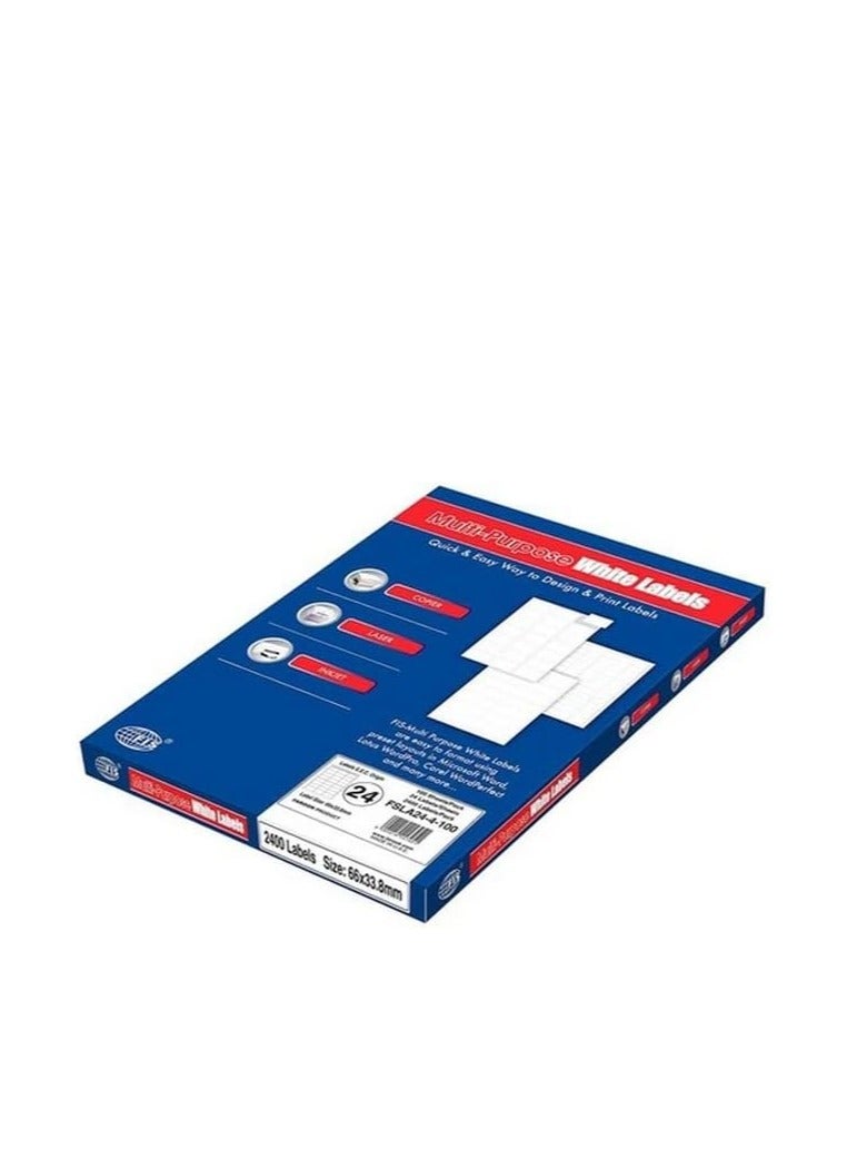 FIS FSLA24-4-100 24 Stickers Multipurpose Laser Label 100 Sheet, A4 Size, White - Image 1