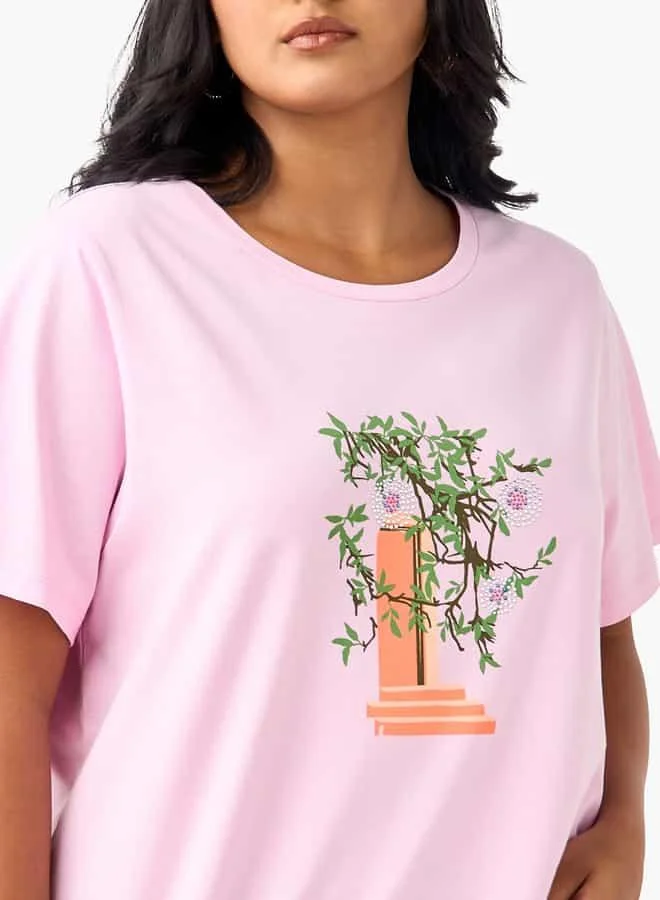 Ulla Popken Plus Size Ulla Popken Printed T-shirt with Short Sleeves and Round Neck