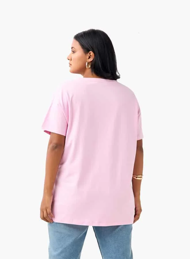 Ulla Popken Plus Size Ulla Popken Printed T-shirt with Short Sleeves and Round Neck