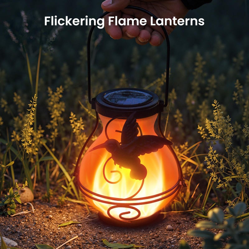 X-PREK 2 Pack Solar Lanterns Outdoor Waterproof Flickering Flame Lights Hummingbird Metal Hanging Solar Lantern Patio Porch Garden Decoration - Image 2