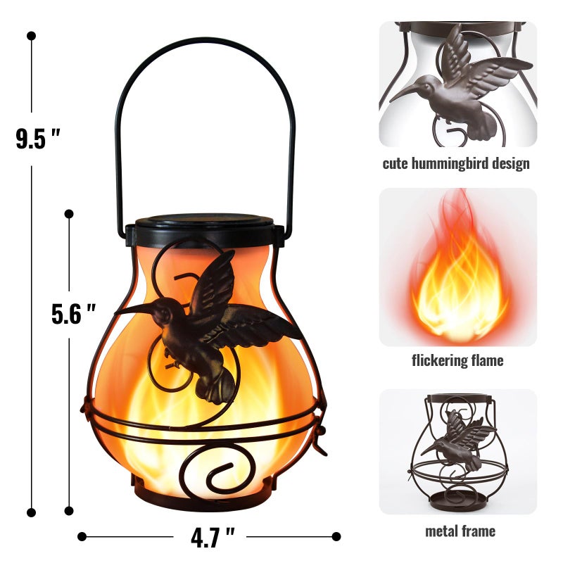X-PREK 2 Pack Solar Lanterns Outdoor Waterproof Flickering Flame Lights Hummingbird Metal Hanging Solar Lantern Patio Porch Garden Decoration - Image 5