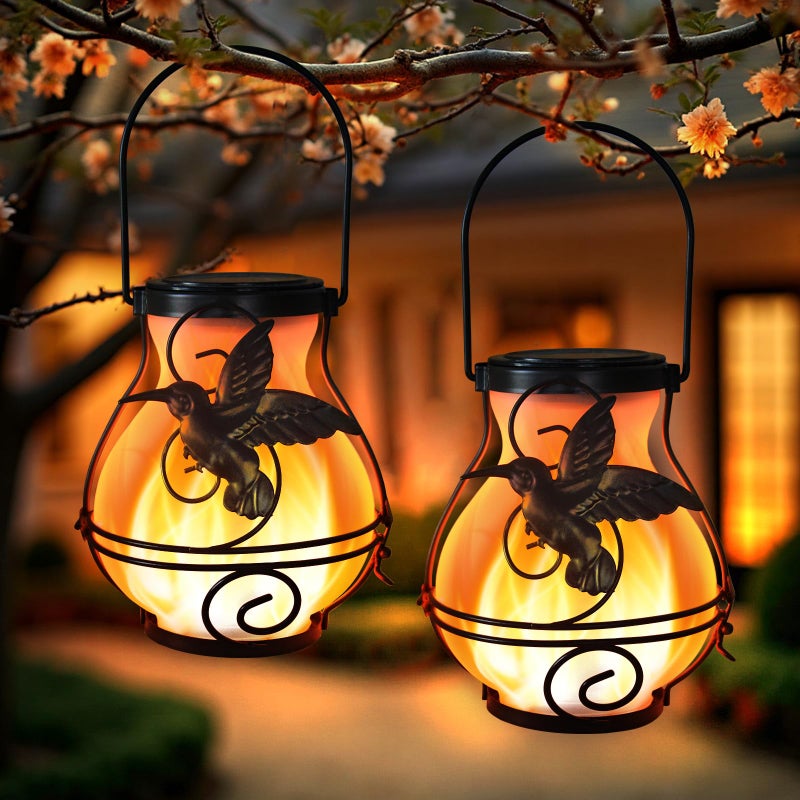 X-PREK 2 Pack Solar Lanterns Outdoor Waterproof Flickering Flame Lights Hummingbird Metal Hanging Solar Lantern Patio Porch Garden Decoration - Image 1
