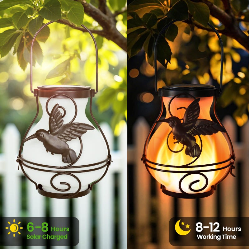 X-PREK 2 Pack Solar Lanterns Outdoor Waterproof Flickering Flame Lights Hummingbird Metal Hanging Solar Lantern Patio Porch Garden Decoration - Image 4