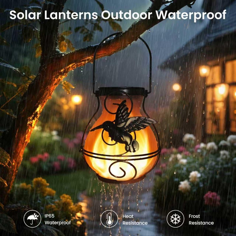 X-PREK 2 Pack Solar Lanterns Outdoor Waterproof Flickering Flame Lights Hummingbird Metal Hanging Solar Lantern Patio Porch Garden Decoration - Image 3