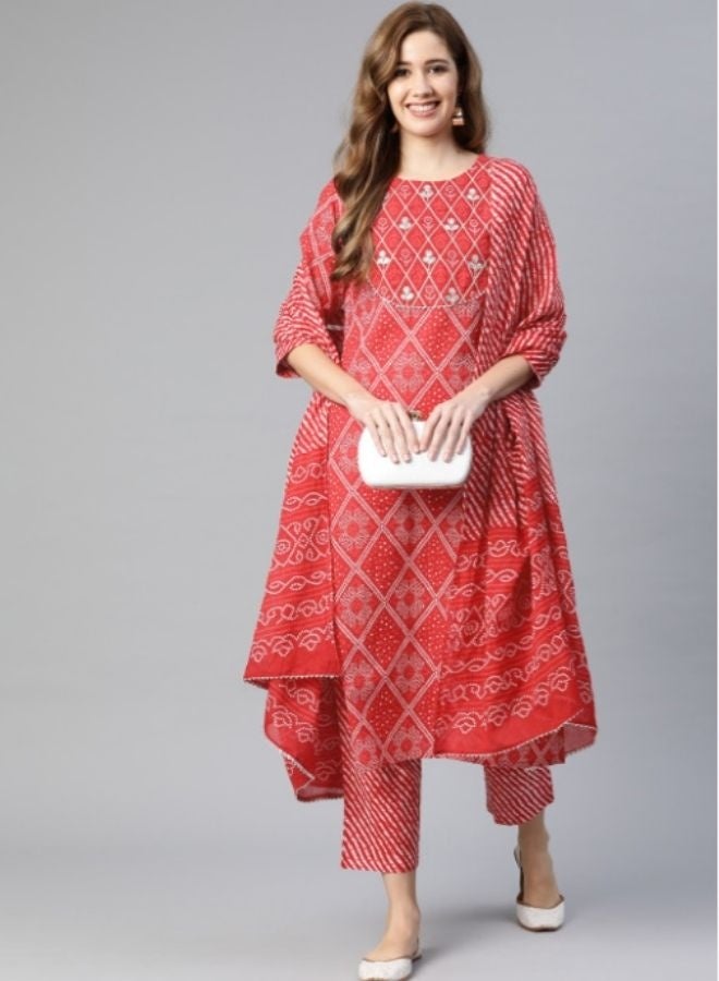 Yuris Women Red Ethnic Motifs Yoke Design Regular Gotta Patti Pure Cotton Kurta with Trousers  With Dupatta - Image 4