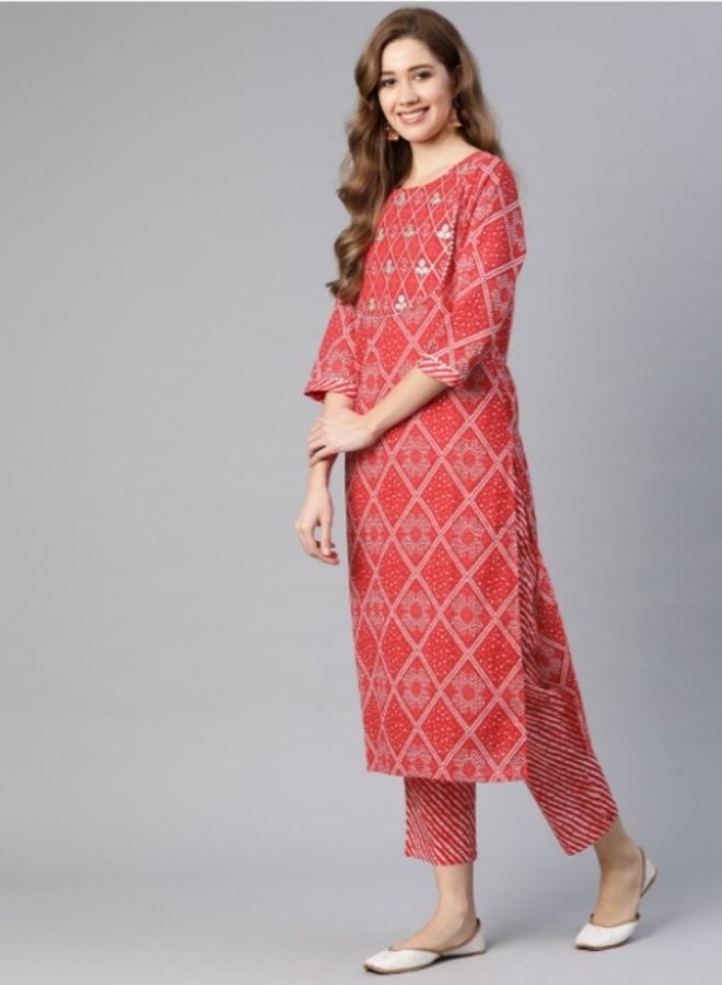 Yuris Women Red Ethnic Motifs Yoke Design Regular Gotta Patti Pure Cotton Kurta with Trousers  With Dupatta - Image 2