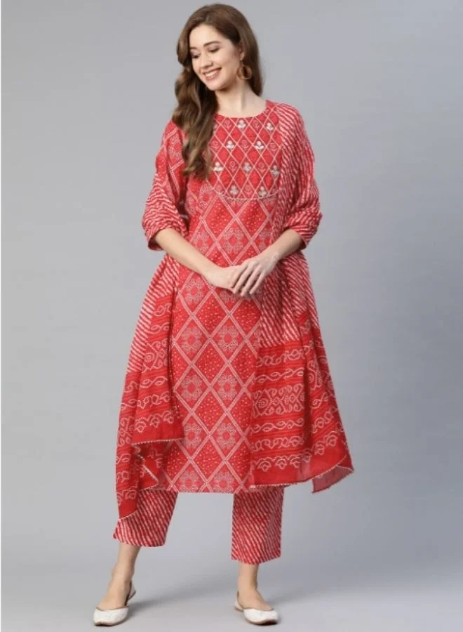 Yuris Yuris Women Red Ethnic Motifs Yoke Design Regular Gotta Patti Pure Cotton Kurta with Trousers  With Dupatta