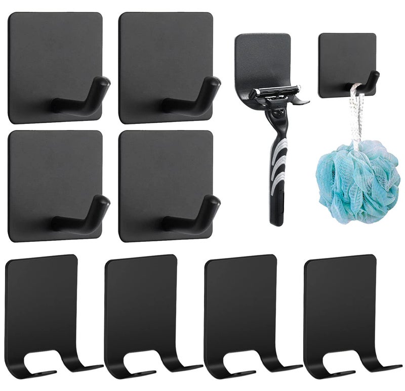 Aobvrey 8 Pack Adhesive Hooks, 4 Pack Razor Holder for Shower and 4 Heavy Duty Waterproof Sticky Hooks for Hanging Towels, Loofah, Coat, Hat (Black) - Image 1