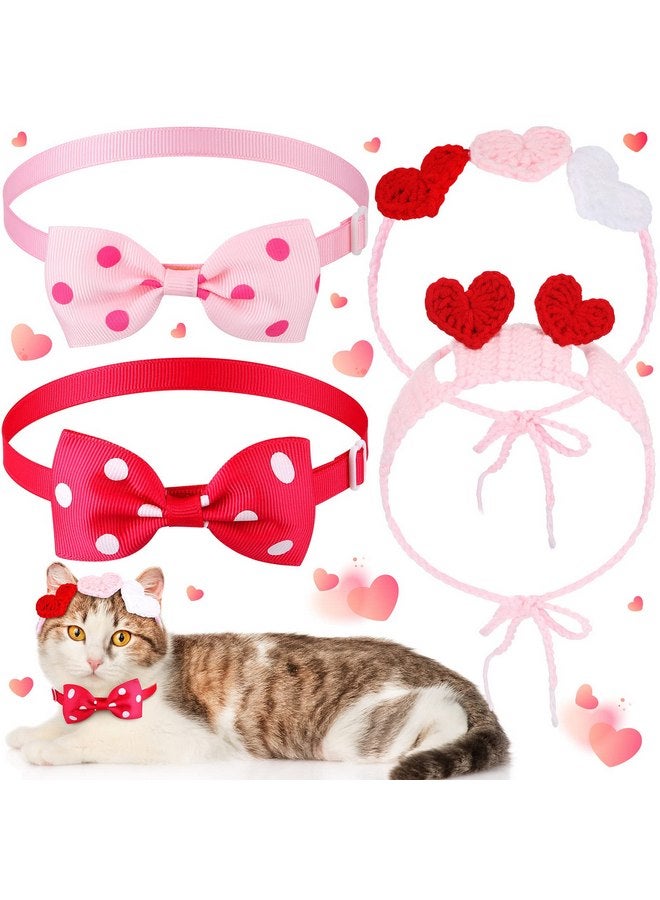 Mtlee 2Pcs Valentines Day Heart Headband for Cat and 2Pcs Pet Neck Bow Cat Valentines Day Headband with Ear Holes and Chin Straps Adjustable Dog Bow Tie Valentines Pink Red Heart Headband for Dogs Cats Pets - Image 1