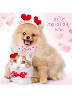 Mtlee 2Pcs Valentines Day Heart Headband for Cat and 2Pcs Pet Neck Bow Cat Valentines Day Headband with Ear Holes and Chin Straps Adjustable Dog Bow Tie Valentines Pink Red Heart Headband for Dogs Cats Pets  - Image 4