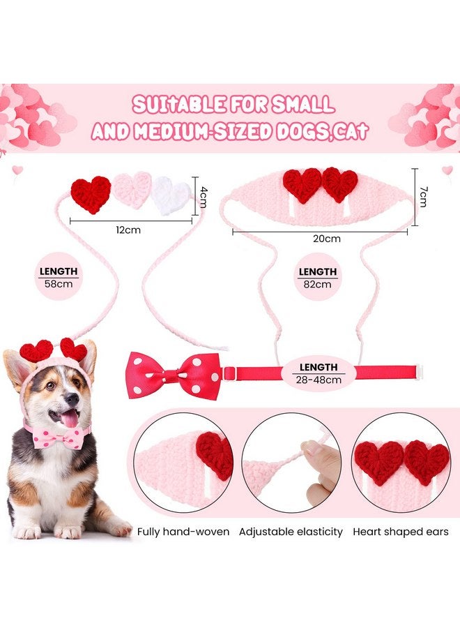 Mtlee 2Pcs Valentines Day Heart Headband for Cat and 2Pcs Pet Neck Bow Cat Valentines Day Headband with Ear Holes and Chin Straps Adjustable Dog Bow Tie Valentines Pink Red Heart Headband for Dogs Cats Pets - Image 2