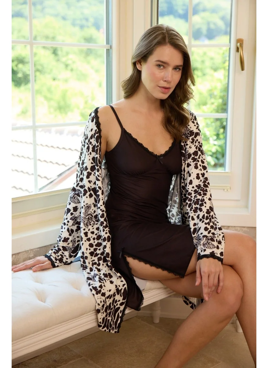 Bie'S Women's Floral Rope Strap Thin Lace Detailed Double Side Slit 2-Piece Mini Nightgown Dressing Gown-Dowry-