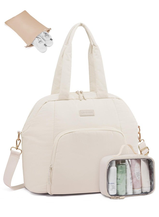 LOVEVOOK Gym Bag for Women 3Pcs Puffer Weekender Duffle Bag for Travel Hospital Carry on Tote for Overnight Personal Item, Beige, M - Image 1