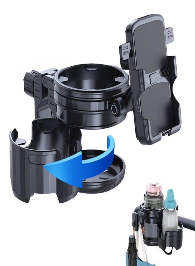 Elecphbo 4-in-1 Universal Adjustable Stroller Cup Holder - 360° Rotatable Spill-Proof Design with Anti-Slip Grip for, Bicycle, Wheelchair, Shopping Cart, Double Cup & Phone Holder【Black&Gray】 - Image 1