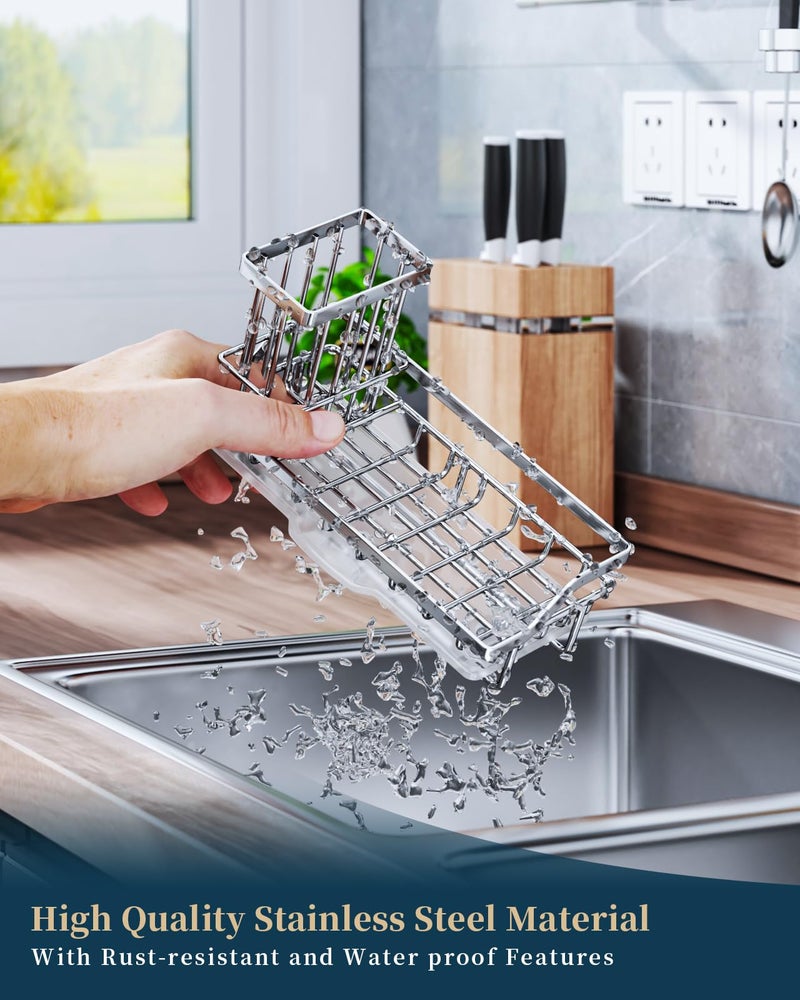 Consumest Sink Caddy, Kitchen Sponge Holder with Dish Brush Holder, Kitchen Organizer with Drip Tray for Countertop, Stainless Steel Rustproof - Silver - Image 3