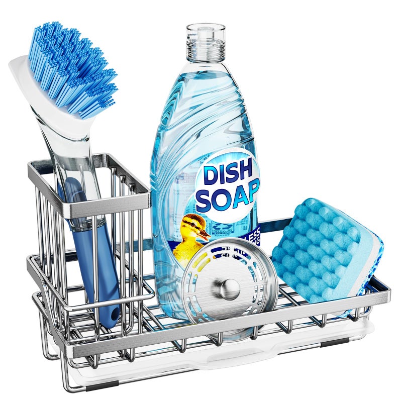 Consumest Sink Caddy, Kitchen Sponge Holder with Dish Brush Holder, Kitchen Organizer with Drip Tray for Countertop, Stainless Steel Rustproof - Silver - Image 1