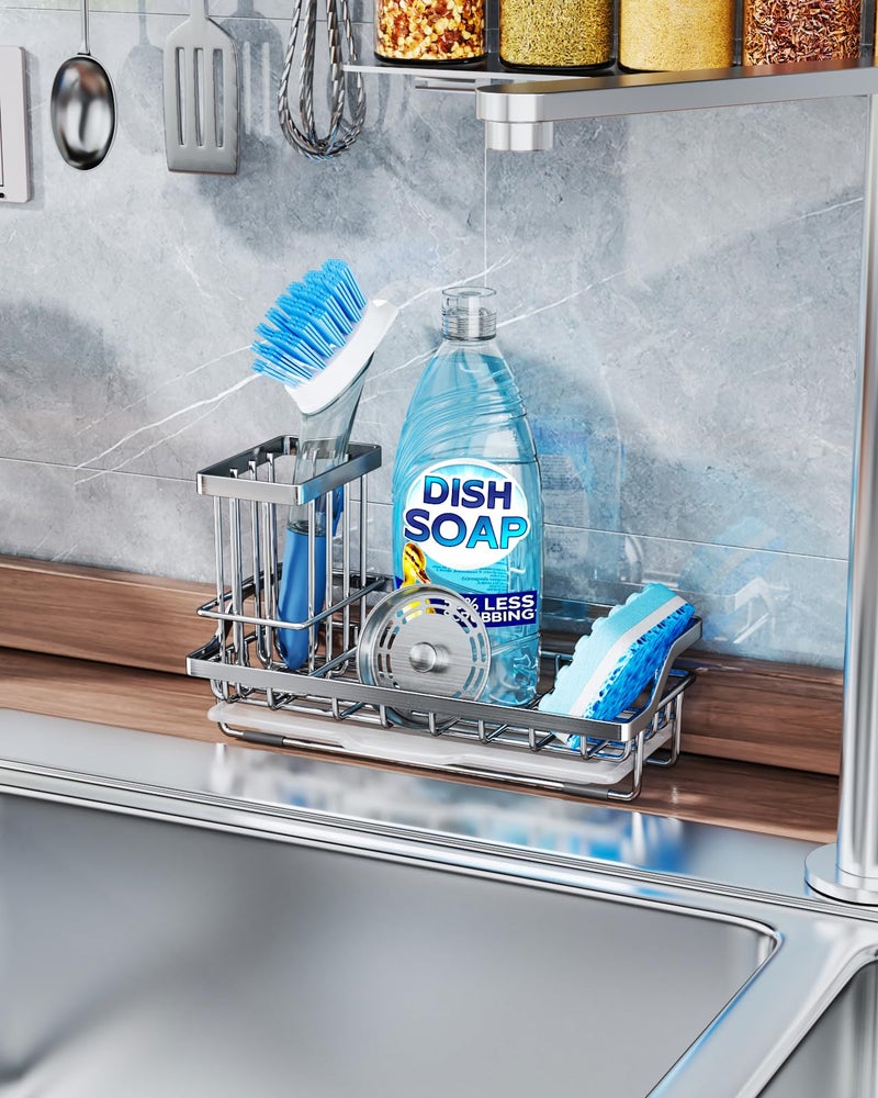 Consumest Sink Caddy, Kitchen Sponge Holder with Dish Brush Holder, Kitchen Organizer with Drip Tray for Countertop, Stainless Steel Rustproof - Silver - Image 5