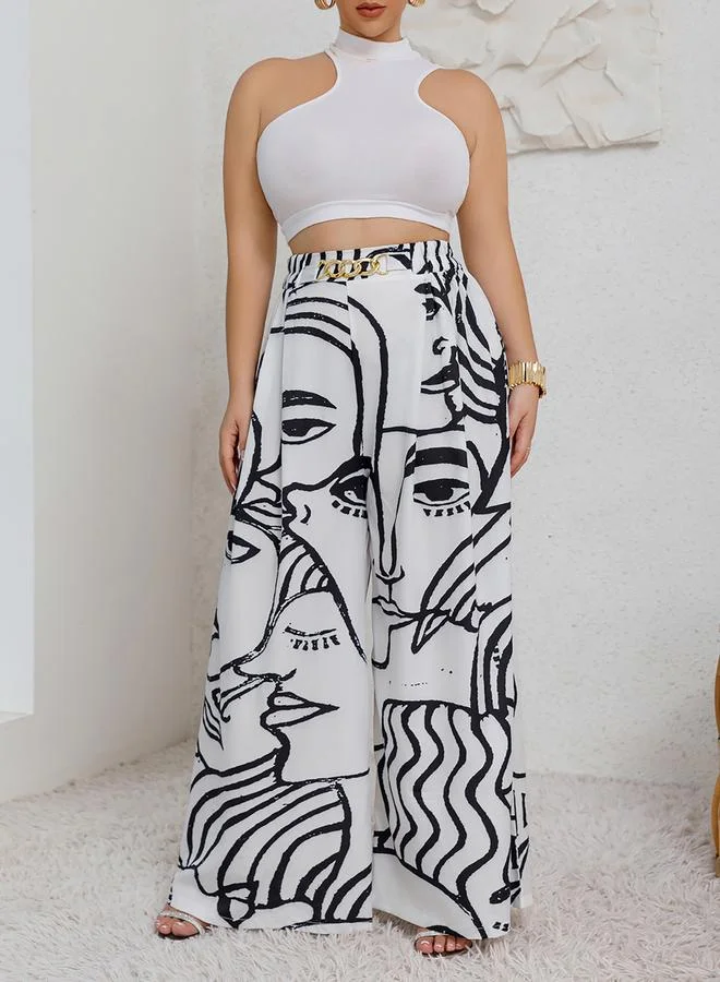 Take Two Plus Size White Graphic Print Wide Leg Trousers