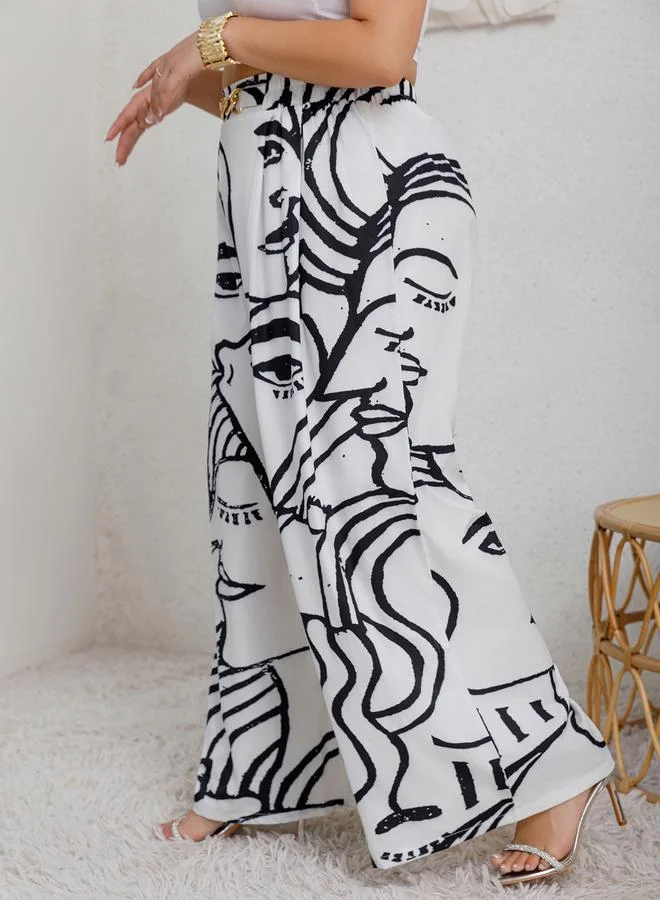 Take Two Plus Size White Graphic Print Wide Leg Trousers