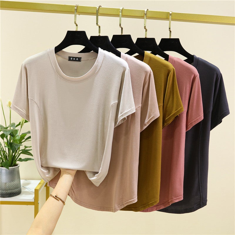 Modal Short-sleeved T-shirt Women's 2023 Summer Stitching Loose Pullover Top Fashionable All-match Round Neck Base Shirt - Image 4