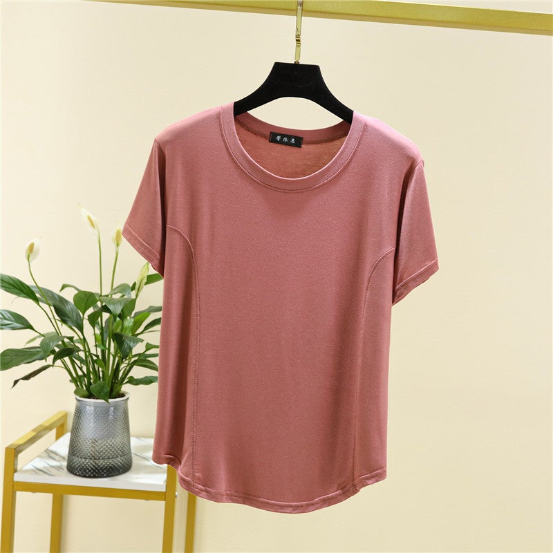 Modal Short-sleeved T-shirt Women's 2023 Summer Stitching Loose Pullover Top Fashionable All-match Round Neck Base Shirt - Image 1