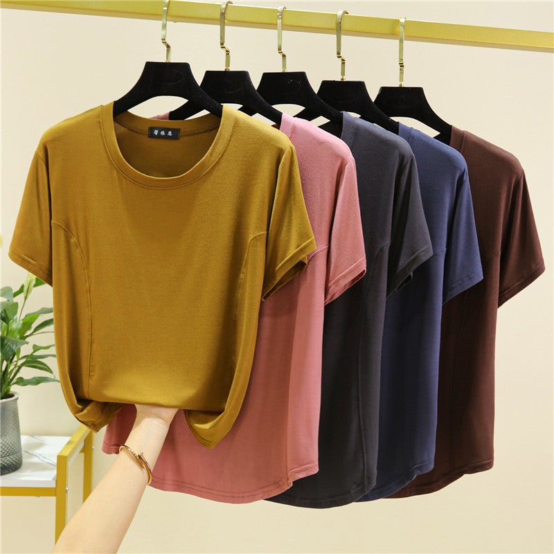 Modal Short-sleeved T-shirt Women's 2023 Summer Stitching Loose Pullover Top Fashionable All-match Round Neck Base Shirt - Image 5