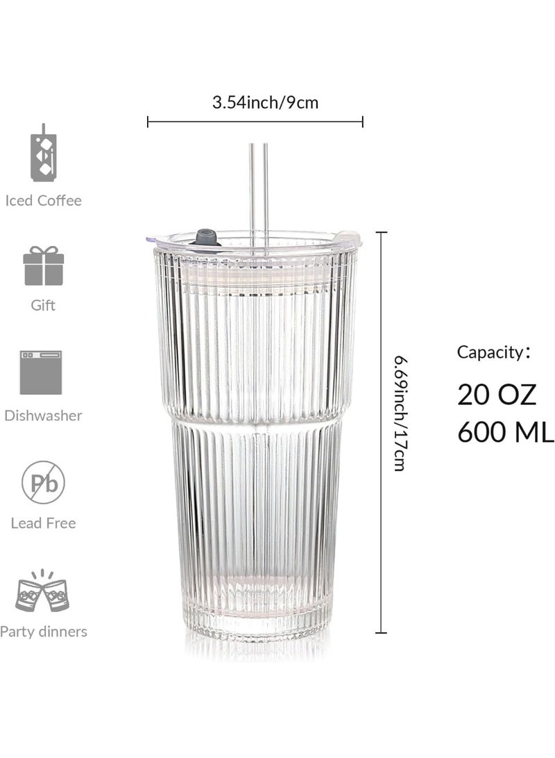 KITCHENOO Ribbed Glass Cups with Lids and Straws 600 Ml Iced Coffee Cups, Reusable Aesthetic Drinking Glass Tumbler for Smoothies, Tea, Juice, Water Embossed Crystal Design (1 Pack) - Image 5