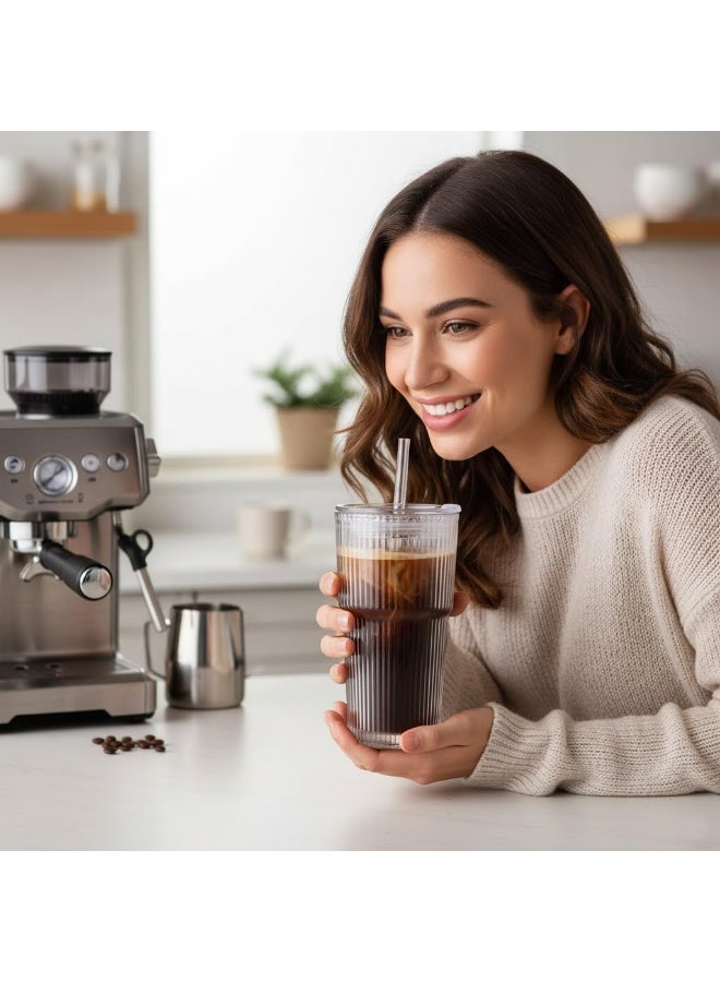 KITCHENOO Ribbed Glass Cups with Lids and Straws 600 Ml Iced Coffee Cups, Reusable Aesthetic Drinking Glass Tumbler for Smoothies, Tea, Juice, Water Embossed Crystal Design (1 Pack) - Image 4
