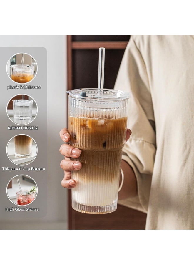 KITCHENOO Ribbed Glass Cups with Lids and Straws 600 Ml Iced Coffee Cups, Reusable Aesthetic Drinking Glass Tumbler for Smoothies, Tea, Juice, Water Embossed Crystal Design (1 Pack) - Image 3