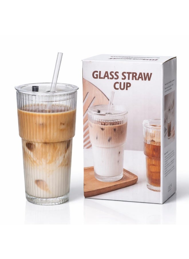 KITCHENOO Ribbed Glass Cups with Lids and Straws 600 Ml Iced Coffee Cups, Reusable Aesthetic Drinking Glass Tumbler for Smoothies, Tea, Juice, Water Embossed Crystal Design (1 Pack) - Image 1
