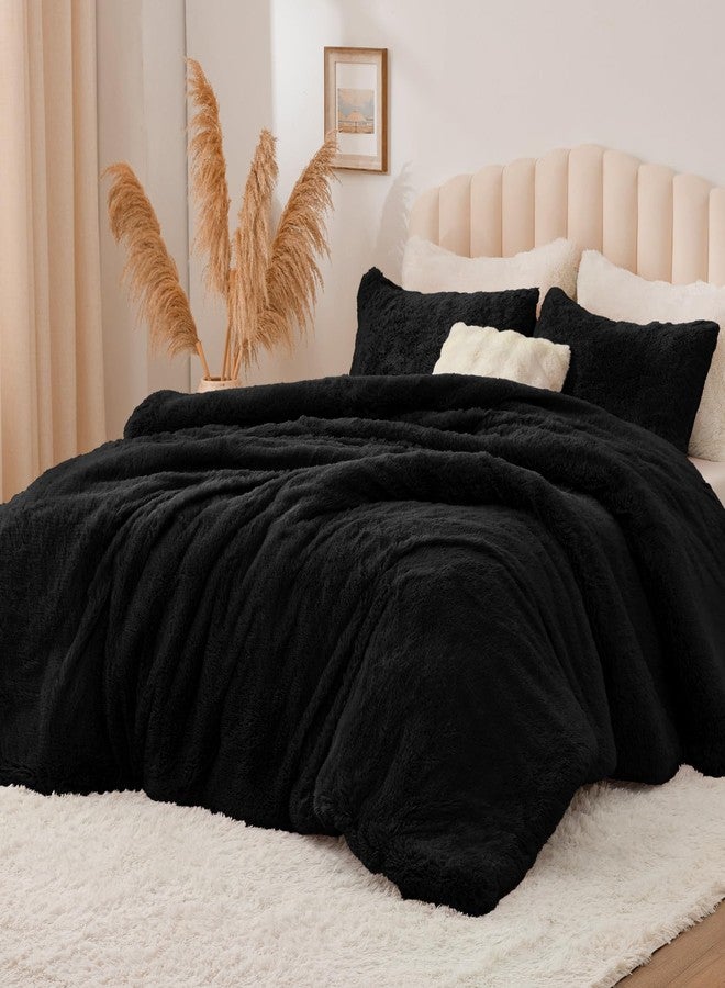 BEDELITE Black Fluffy Comforter Set Queen Size, Fuzzy Faux Fur Comforter Bedding Set, 3Pieces Soft Warm Shaggy Bed Set (1 Comforter & 2 Pillowcases) as Gifts for Women - Image 2