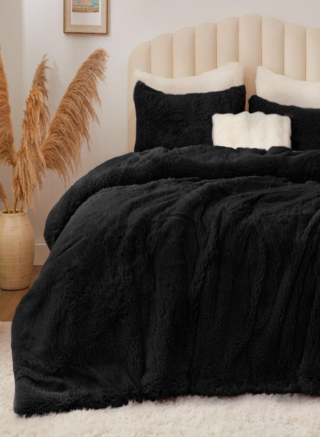 BEDELITE Black Fluffy Comforter Set Queen Size, Fuzzy Faux Fur Comforter Bedding Set, 3Pieces Soft Warm Shaggy Bed Set (1 Comforter & 2 Pillowcases) as Gifts for Women - Image 1