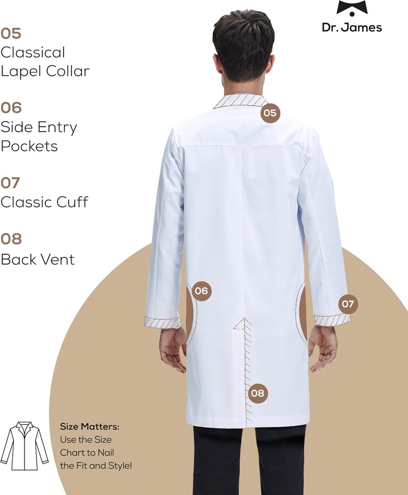 DR. JAMES Premium Unisex Lab Coat for Men & Women, Phone & Tablet Pockets, Classic Fit, Concealed Snap Closing, 39" Length - Image 3