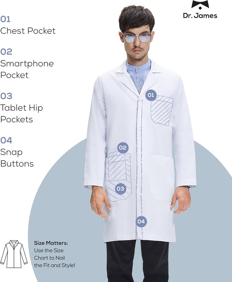DR. JAMES Premium Unisex Lab Coat for Men & Women, Phone & Tablet Pockets, Classic Fit, Concealed Snap Closing, 39" Length - Image 2