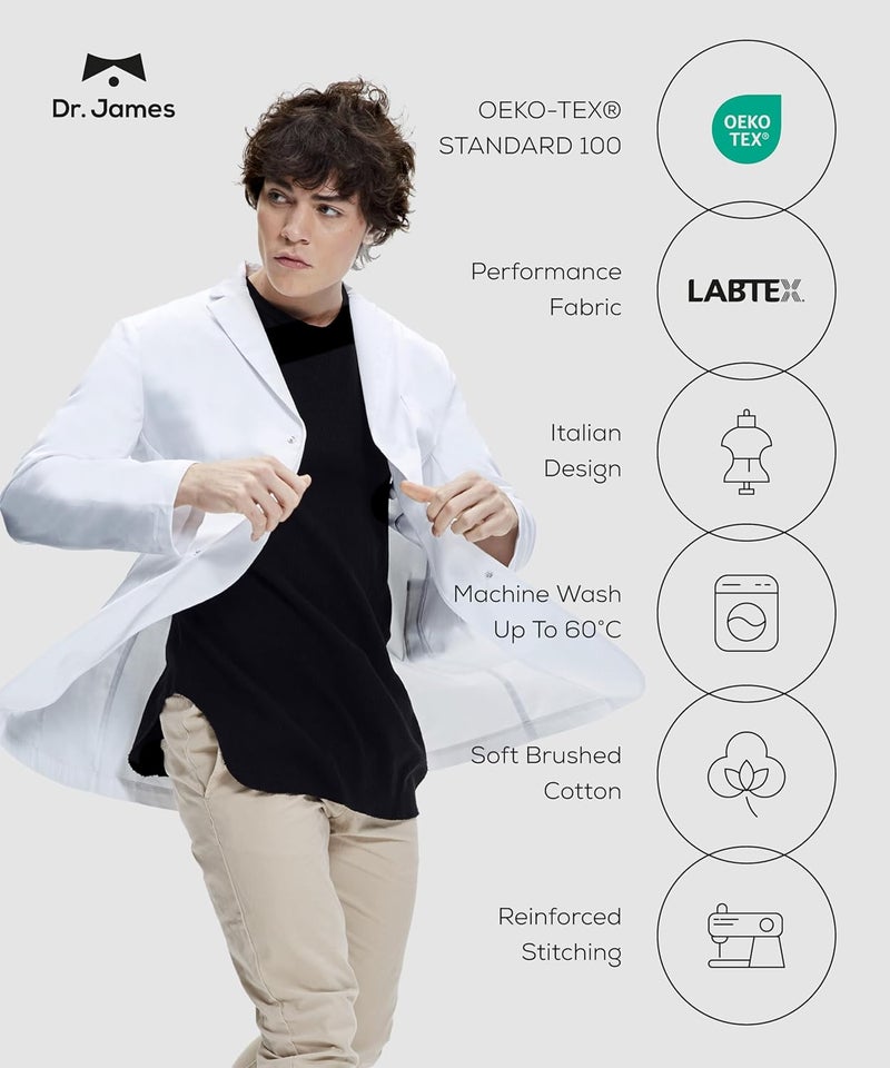 DR. JAMES Premium Unisex Lab Coat for Men & Women, Phone & Tablet Pockets, Classic Fit, Concealed Snap Closing, 39" Length - Image 4
