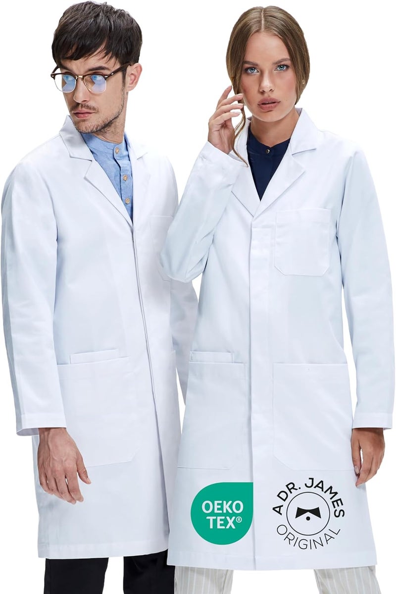 DR. JAMES Premium Unisex Lab Coat for Men & Women, Phone & Tablet Pockets, Classic Fit, Concealed Snap Closing, 39" Length - Image 1