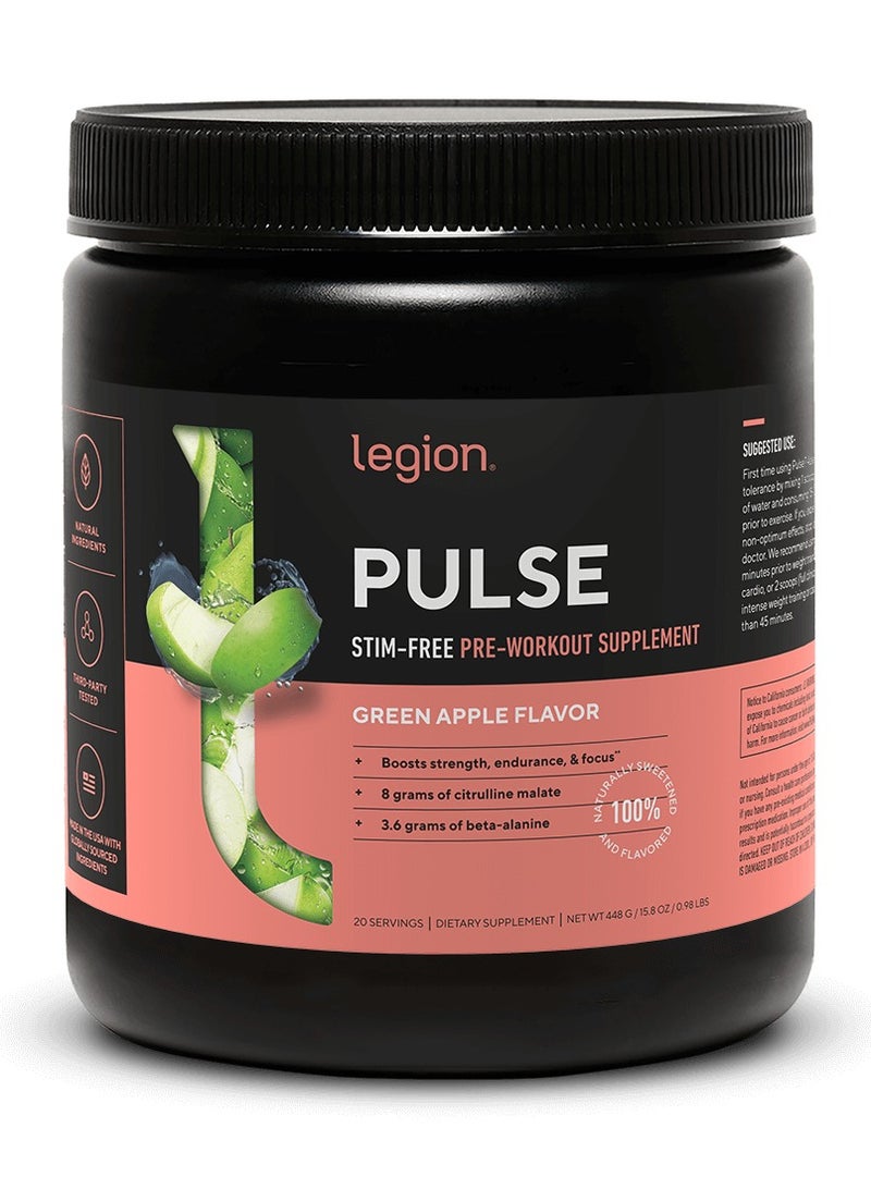 Legion PULSE Stim-Free Pre-Workout  | Green Apple Flavor | Strength, endurance, & focus, 8 grams of citrulline malate, 3.6 grams of beta-alanine 20 SERVINGS | DIETARY SUPPLEMENT | NET WT 449 G / 15.8 oz / 0.98 LBS - Image 1