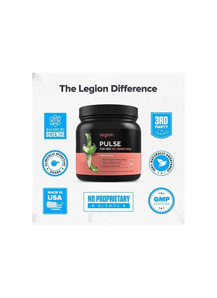 Legion Athletics - Pulse Stim- Free Pre Workout Supplement, Boosts Strength Endurance & Focus, with 8g of Citrulline Malate, 3.6 g of Beta-Alanine, 20 Servings 448 g /15.8 Oz/ 0.98 Lbs- green Apple Flaver - Image 1