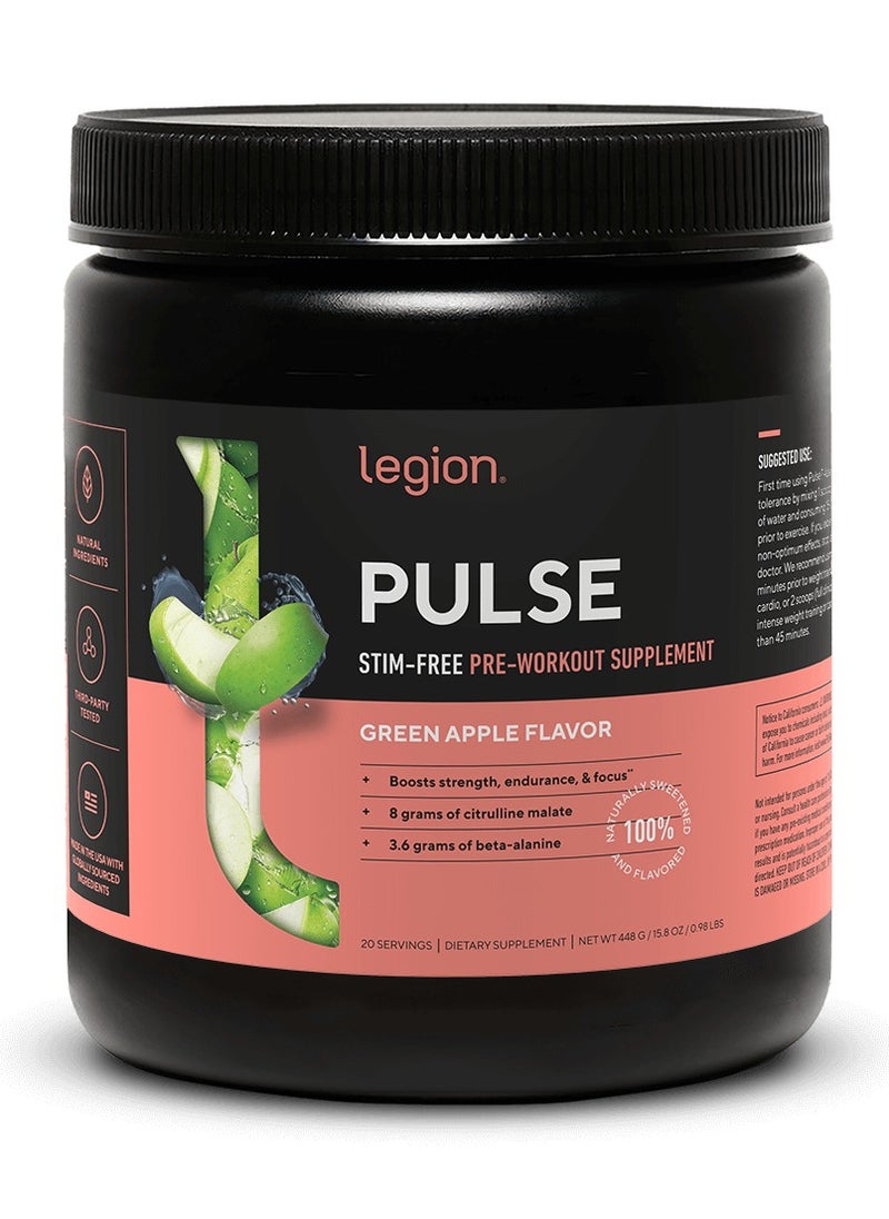 Legion Athletics - Pulse Stim- Free Pre Workout Supplement, Boosts Strength Endurance & Focus, with 8g of Citrulline Malate, 3.6 g of Beta-Alanine, 20 Servings 448 g /15.8 Oz/ 0.98 Lbs- green Apple Flaver - Image 1