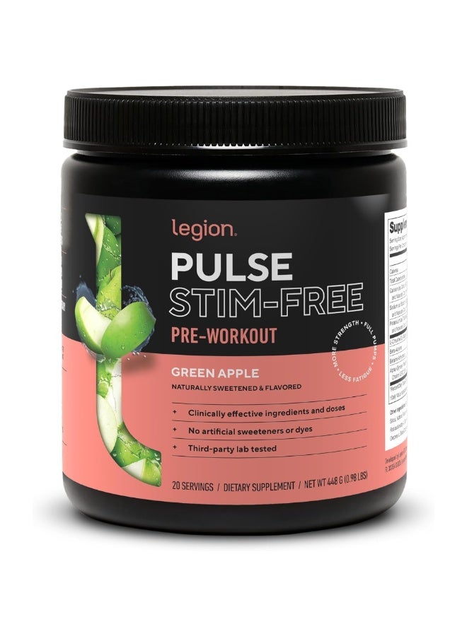 Legion PULSE Stim-Free Pre-Workout  | Green Apple Flavor | Strength, endurance, & focus, 8 grams of citrulline malate, 3.6 grams of beta-alanine 20 SERVINGS | DIETARY SUPPLEMENT | NET WT 448 G / 15.8 oz / 0.98 LBS - Image 1