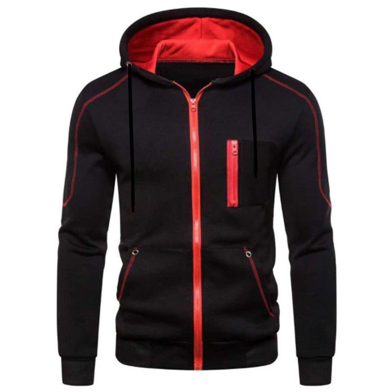 Lu's Chic Men's Fashion Hoodies & Sweatshirts with Hood Cool Slim Fit Hoodie Full Zip-up Aesthetic Designer Trendy Workout 2021 Fall Hoody Jacket Streetwear Zipper Sweatshirt Black Red X-Large - Image 1