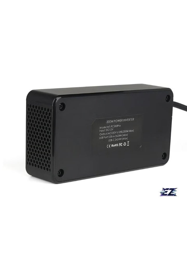 ELTRAZONE 200W Car Inverter 12V DC to 220V AC Power Adapter – Includes 2 USB-A & 2 Type-C Ports for Laptop, Computer, Smartphones – Compact and Portable Power Converter for Car Travel, Home & Office - Image 2