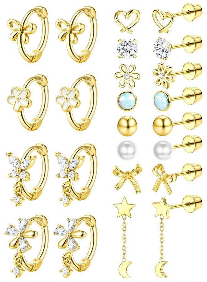 GEMQUEEN 12 Pairs Hypoallergenic Stainless Steel Earrings Set Women : 14K Gold Plated Screw Back Studs for Sensitive Ears Cute Earring Stack Huggie Hoops CZ Heart Flower Ball, Cubic Zirconia, Cubic - Image 1