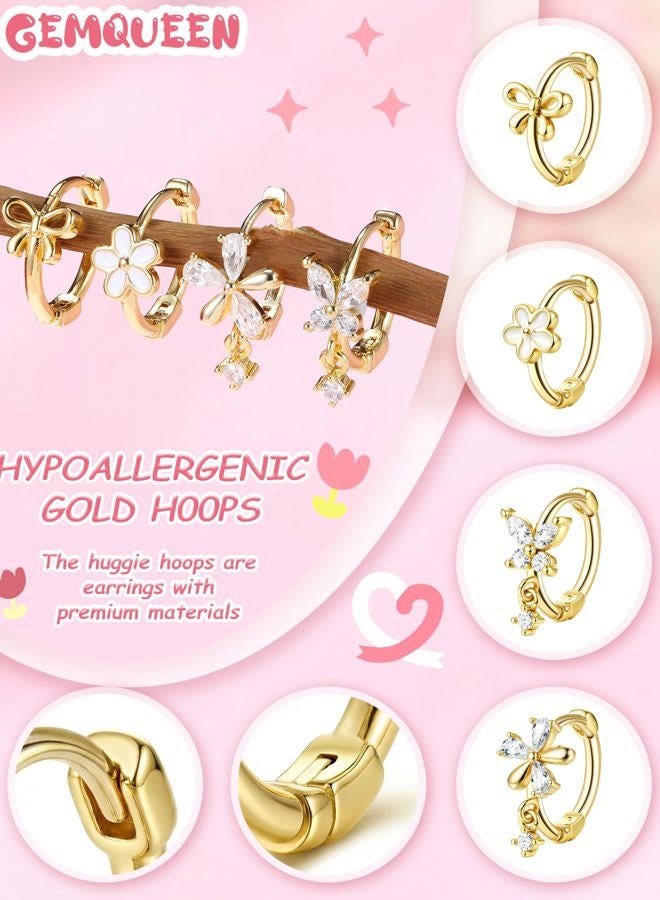 GEMQUEEN 12 Pairs Hypoallergenic Stainless Steel Earrings Set Women : 14K Gold Plated Screw Back Studs for Sensitive Ears Cute Earring Stack Huggie Hoops CZ Heart Flower Ball, Cubic Zirconia, Cubic - Image 5
