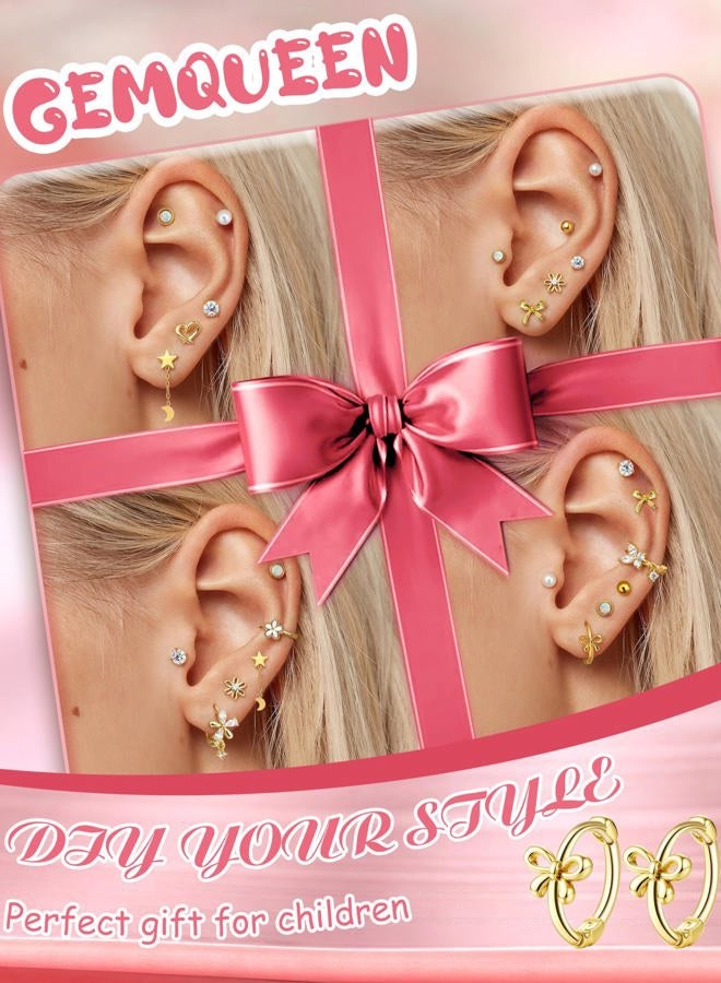GEMQUEEN 12 Pairs Hypoallergenic Stainless Steel Earrings Set Women : 14K Gold Plated Screw Back Studs for Sensitive Ears Cute Earring Stack Huggie Hoops CZ Heart Flower Ball, Cubic Zirconia, Cubic - Image 3