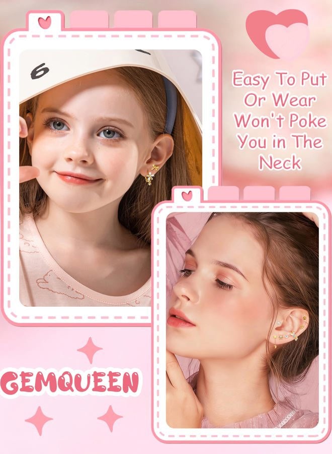 GEMQUEEN 12 Pairs Hypoallergenic Stainless Steel Earrings Set Women : 14K Gold Plated Screw Back Studs for Sensitive Ears Cute Earring Stack Huggie Hoops CZ Heart Flower Ball, Cubic Zirconia, Cubic - Image 4