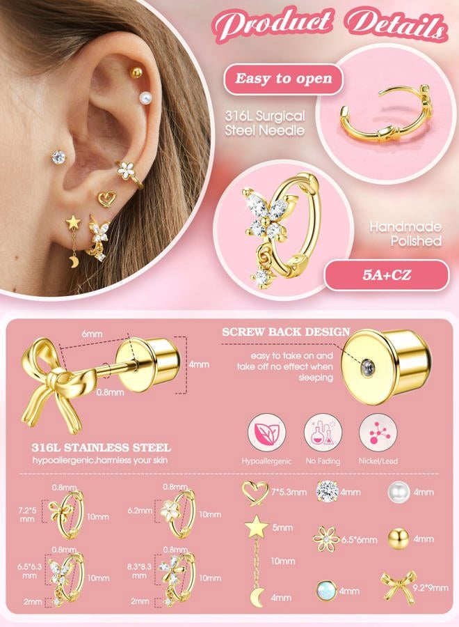 GEMQUEEN 12 Pairs Hypoallergenic Stainless Steel Earrings Set Women : 14K Gold Plated Screw Back Studs for Sensitive Ears Cute Earring Stack Huggie Hoops CZ Heart Flower Ball, Cubic Zirconia, Cubic - Image 2